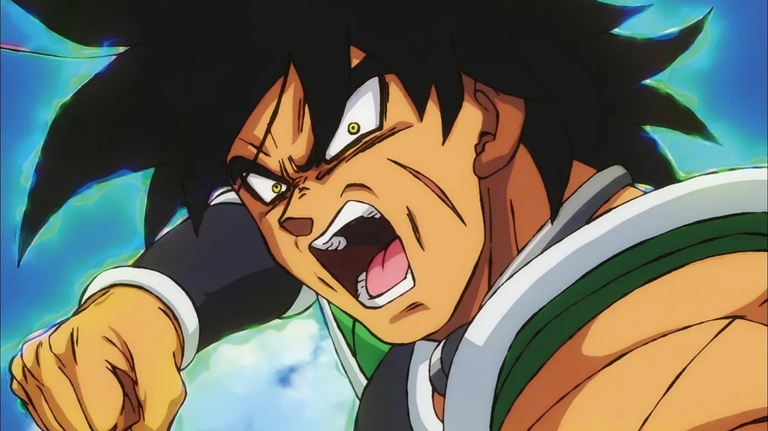 Broly with an enraged expression unleashing his power