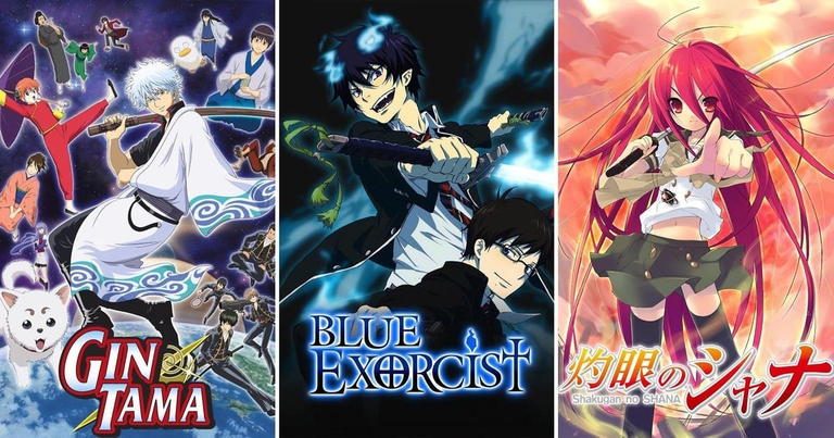 Promotional imagery showing Gintama, Blue Exorcist, and other supernatural series