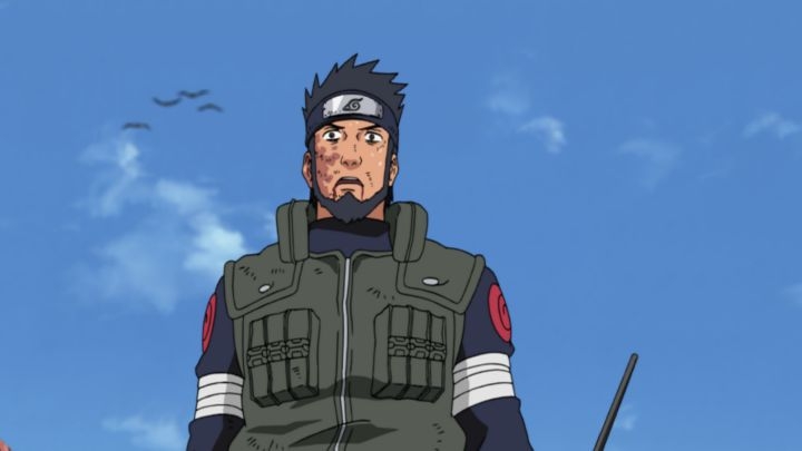 Asuma Sarutobi looks up with a pained expression, shortly before his death during the battle against Hidan and Kakuzu in Naruto Shippuden.
