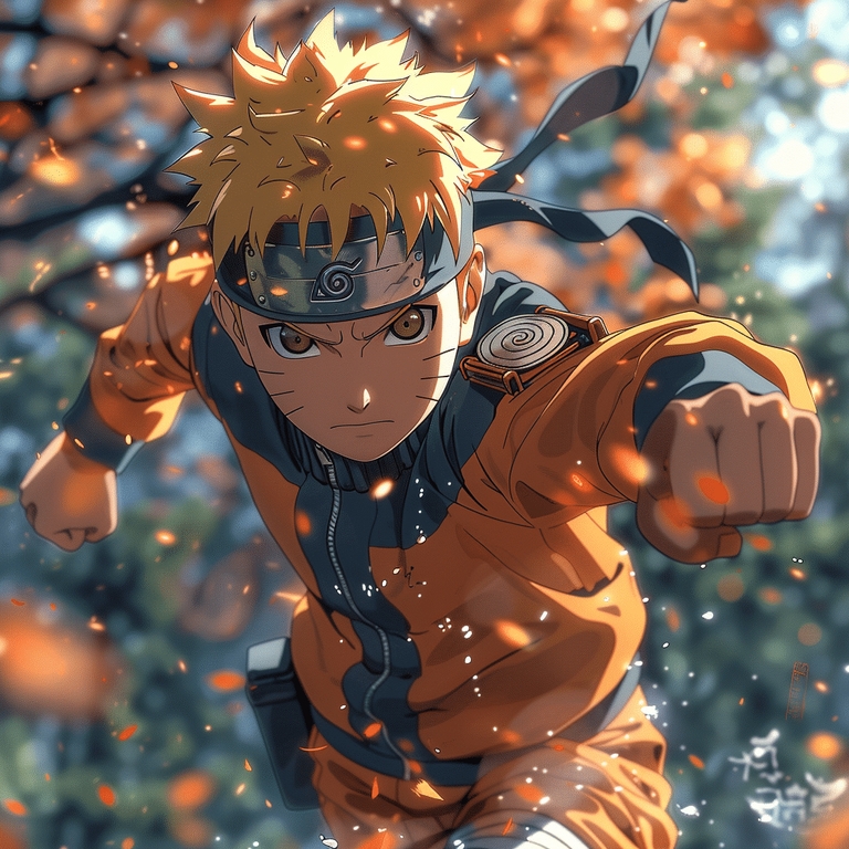 Naruto Uzumaki from Naruto Shippuden dashing forward with a determined expression, surrounded by bright orange leaves.