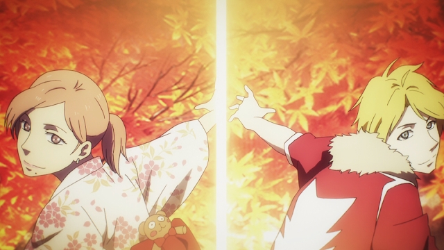 Two individuals, one in a kimono and the other in a red jacket, face each other with their hands extended amidst a backdrop of autumn leaves in an anime scene.