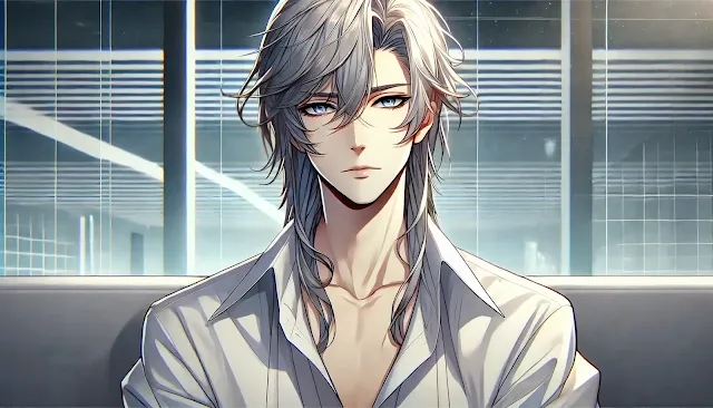 A portrait of Shogo Makishima, the philosophical antagonist from the anime series Psycho-Pass, depicted with his signature silver hair and calm demeanor.