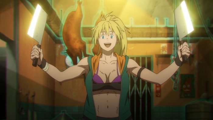 Nikaido wields two cleavers in a kitchen