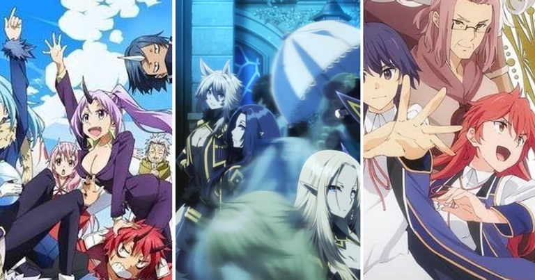 A collage featuring characters from That Time I Got Reincarnated as a Slime, The Eminence in Shadow, and The World's Finest Assassin Gets Reincarnated in Another World
