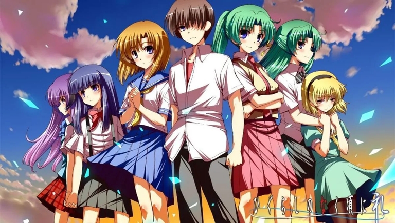 The main cast of Higurashi: When They Cry standing together