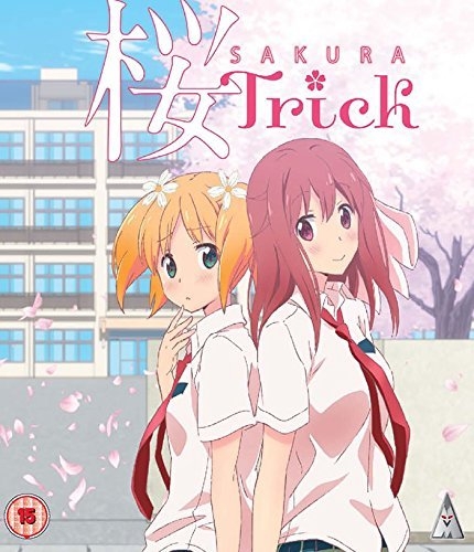 The official cover art for the anime "Sakura Trick," featuring main characters Yuu Sonoda (left, orange hair) and Haruka Takayama (right, pink hair) standing back-to-back with a school building and cherry blossom petals in the background.