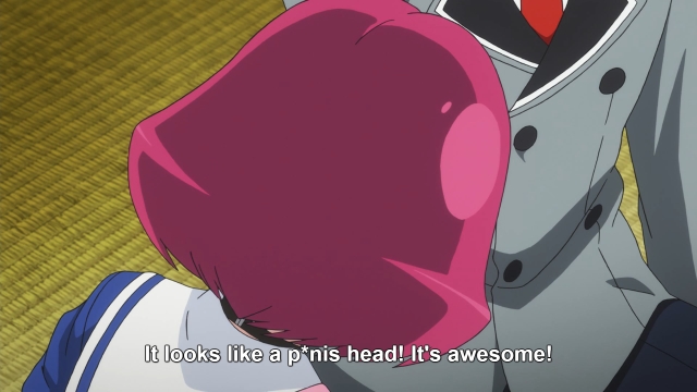 A character with pink hair in "Shimoneta: A Boring World Where the Concept of Dirty Jokes Doesn't Exist" reacts to something with the dialogue "It looks like a penis head! It's awesome!"