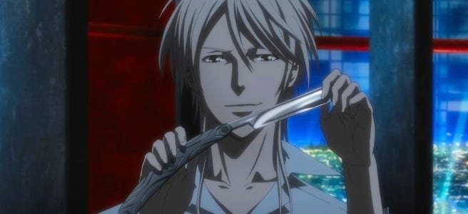 Shougo Makishima, the antagonist from Psycho Pass, holds a razor, contemplating his philosophy against a backdrop of a futuristic cityscape.