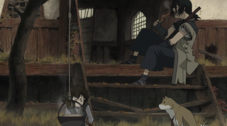 Kotaro in a bucket swing while No-Name sits nearby