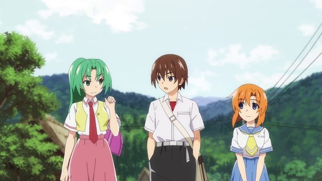 Mion Sonozaki, Keiichi Maebara, and Rena Ryuugu walking through the rural mountain village of Hinamizawa in Higurashi: When They Cry - GOU.