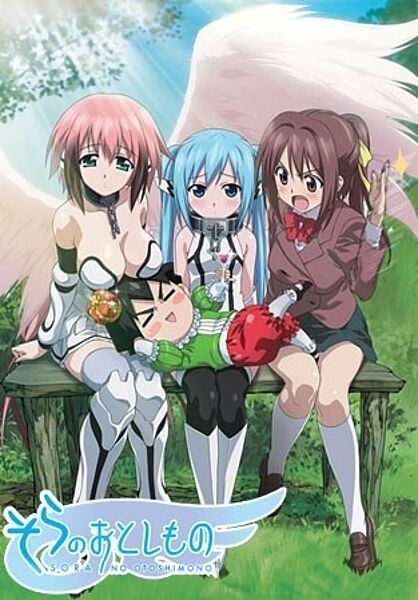 Promotional art for the anime series "Heaven's Lost Property" (Sora no Otoshimono) featuring the main characters Ikaros, Tomoki Sakurai, Sohara Mitsuki, and Astraea.