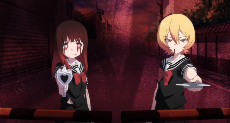 Aya Asagiri and Tsuyuno Yatsumura prepared for battle with their magical sticks in the finale of Magical Girl Site.