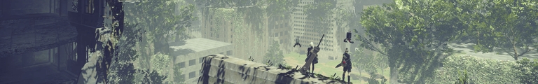 2B and 9S standing on a cliff overlooking the ruined city