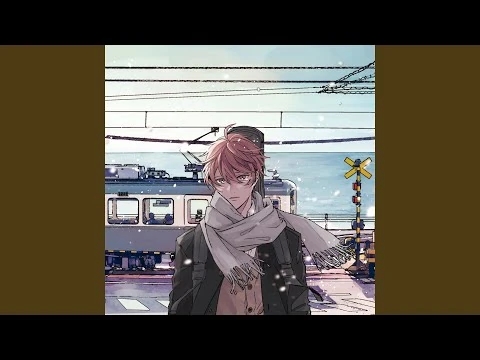 Mafuyu Sato wearing a scarf and standing near a winter railway crossing, evoking the themes of the song Fuyu no Hanashi.