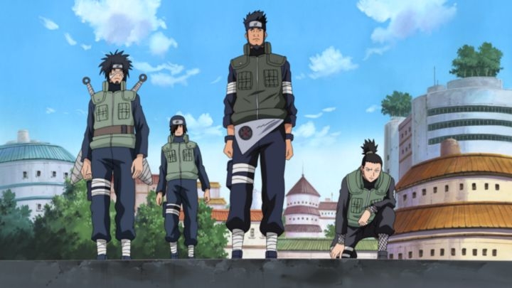 Team Asuma, consisting of Asuma Sarutobi, Shikamaru Nara, Ino Yamanaka, and Choji Akimichi, stands ready on a rooftop in Konohagakure from Naruto Shippuden.