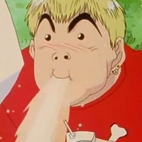 Onizuka making comical expression while spitting drink