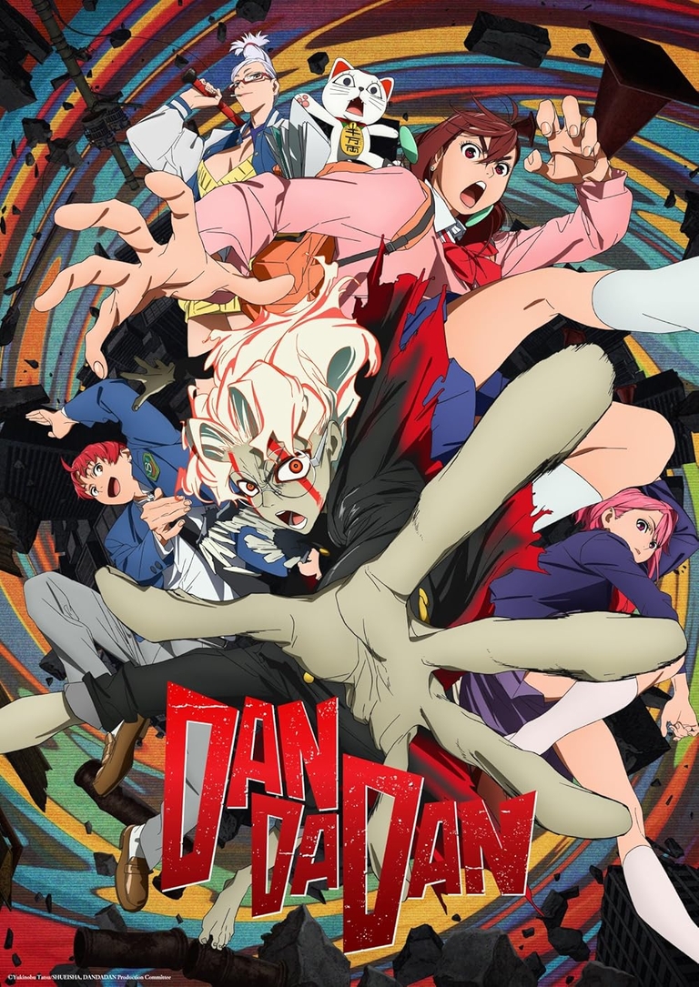 Official poster for the anime series Dandadan featuring main characters Momo Ayase, Okarun, and other supernatural beings in a dynamic, chaotic composition.