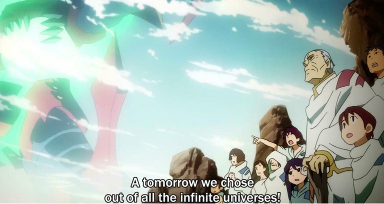 Team Dai-Gurren members looking out at the infinite universes they have chosen for their future at the end of Gurren Lagann.