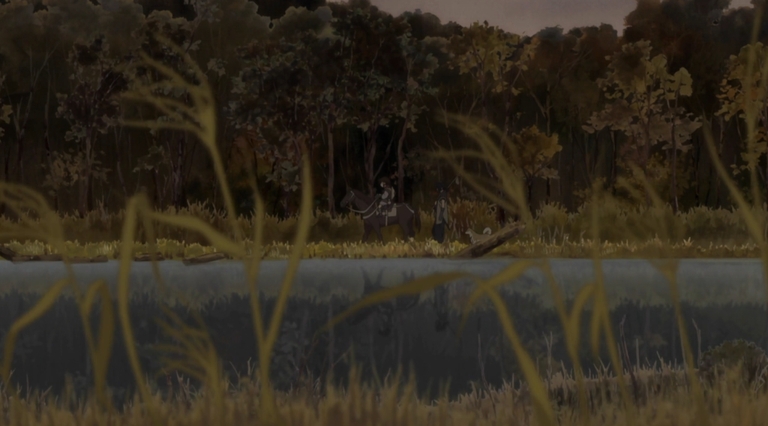 Characters travel by horseback near a river