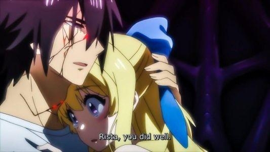 An injured man holds a crying young girl named Rista in an emotional scene from Cautious Hero