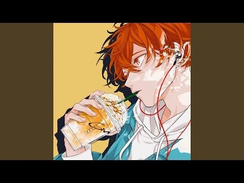 An official illustration of Mafuyu Sato from Given drinking from a plastic cup with headphones around his neck.