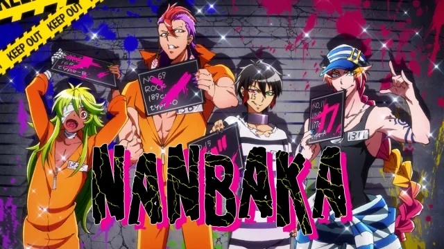 The main protagonists of the anime series Nanbaka, Jyugo, Uno, Nico, and Rock, are shown with the series title prominently displayed.