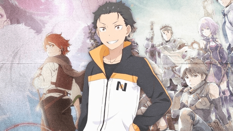 Subaru Natsuki smiling in the foreground with other characters from Re: Zero – Starting Life in Another World in the background
