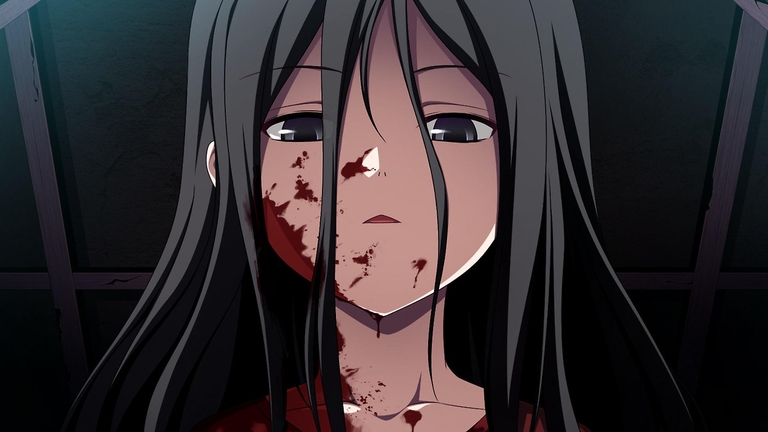 A young girl with blood covering her face stares forward blankly