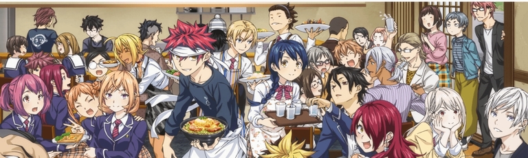 A large ensemble cast of characters from the anime Food Wars: Shokugeki no Soma are gathered together, featuring protagonists like Soma Yukihira and Megumi Tadokoro.