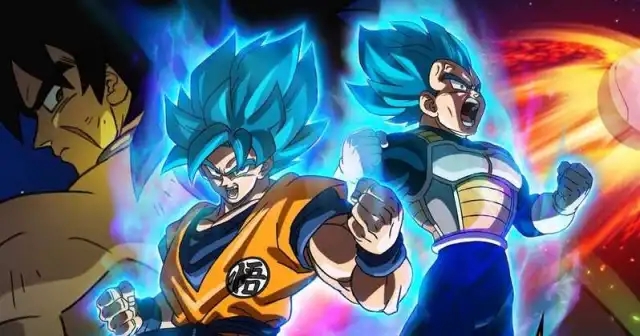 Goku and Vegeta powered up in their Super Saiyan Blue forms during a battle