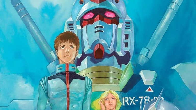 Amuro Ray and Fraw Bow in the foreground with the iconic RX-78-2 Mobile Suit Gundam in the background, from the classic Mobile Suit Gundam anime series.