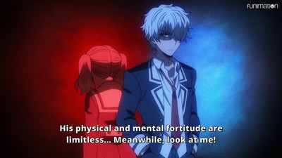 Kyoya stands with a red and blue background, asserting his mental fortitude in Talentless Nana.