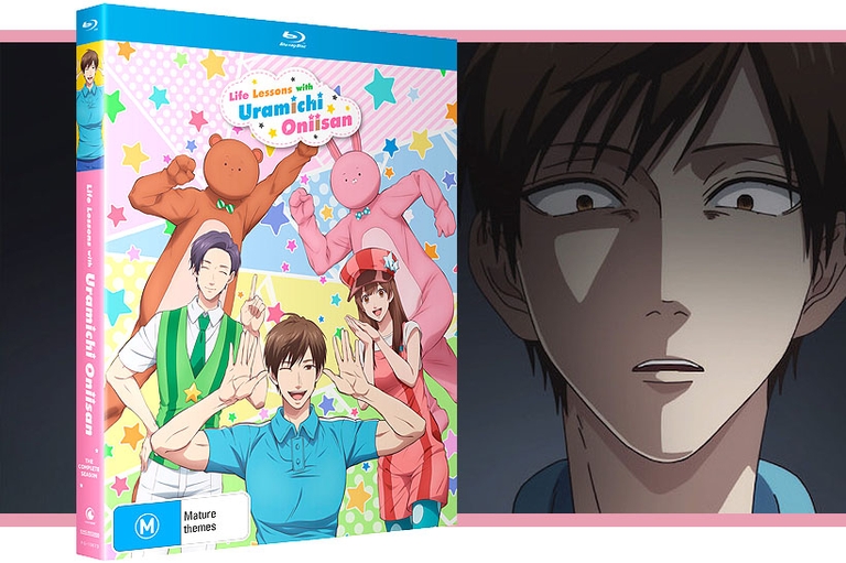 Blu-ray case showing cheerful poses contrasted with Uramichi's exhausted expression