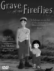 Promotional image for the animated film Grave of the Fireflies, featuring the characters Seita and Setsuko, with a quote from Roger Ebert.