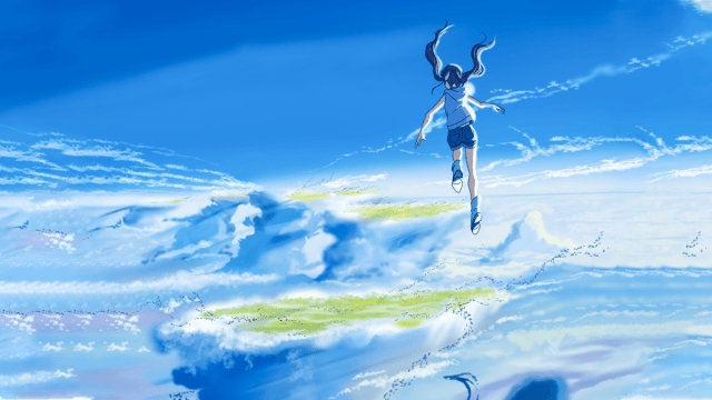 Hina leaping into clouds