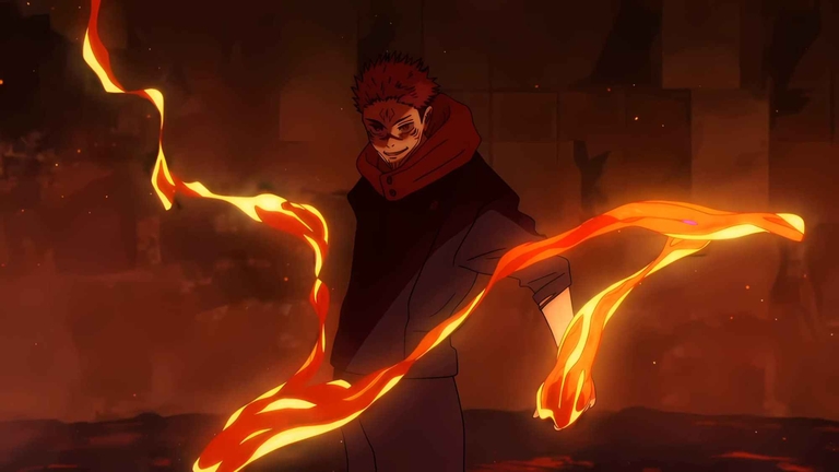 Ryomen Sukuna unleashing his cursed technique with fiery energy in a destructive environment during a battle in Jujutsu Kaisen.