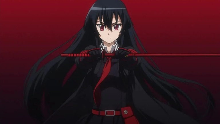 Akame stands ready for battle with her red-bladed katana