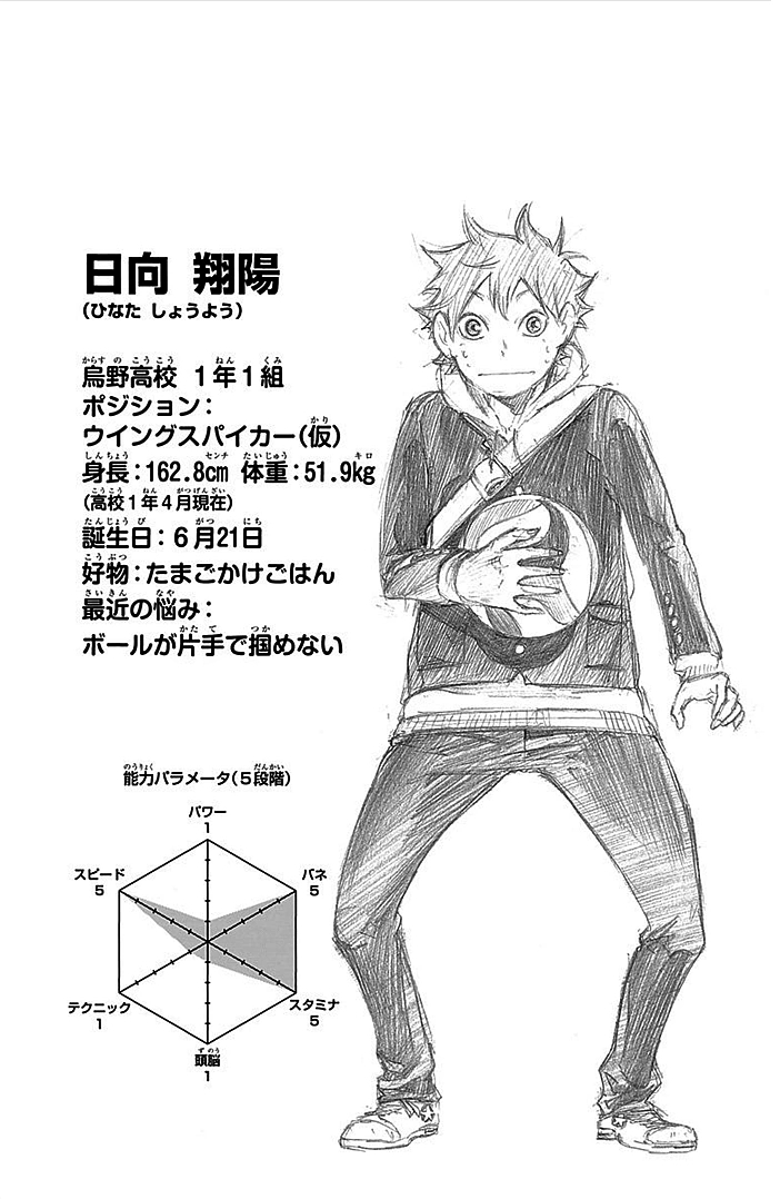 Hinata's official stats showing his weak technique but high speed