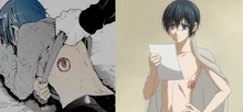 A comparison of Ciel Phantomhive from Black Butler, showing a manga panel of his branded back and an anime screenshot of him holding a document.