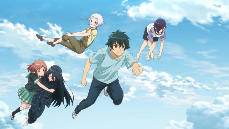 Sadao Maou and his friends flying through the sky in The Devil is a Part-Timer anime series