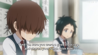 A crying student with brown hair is comforted by another student in a classroom scene from Talentless Nana.