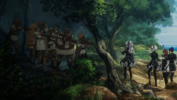 A group of YoRHa androids meeting Resistance fighters in a forest