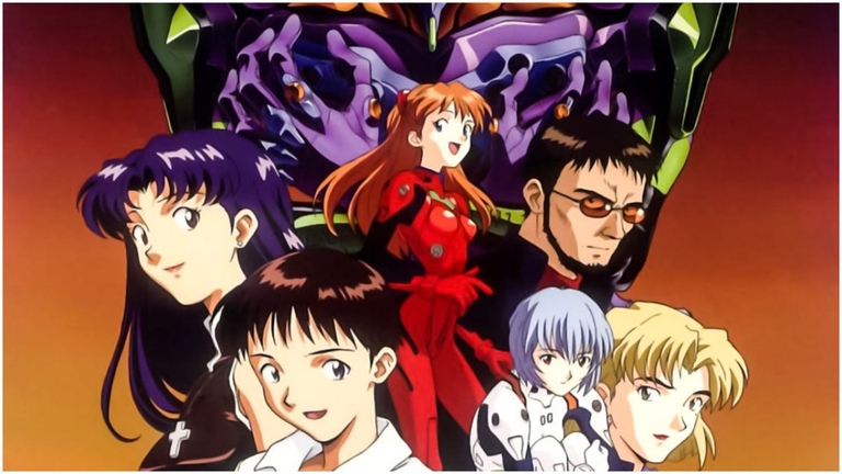 The main cast of Neon Genesis Evangelion in their iconic outfits