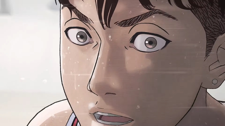 A close-up shot of Ryota Miyagi, sweating and looking intently during a tense moment in The First Slam Dunk anime movie.