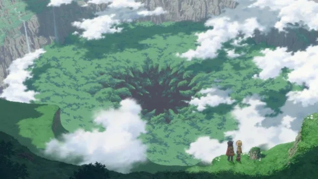 Riko and Reg on a cliff overlooking the Abyss