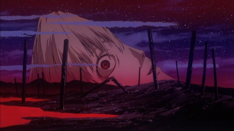 A surreal landscape reminiscent of Evangelion's abstract sequences