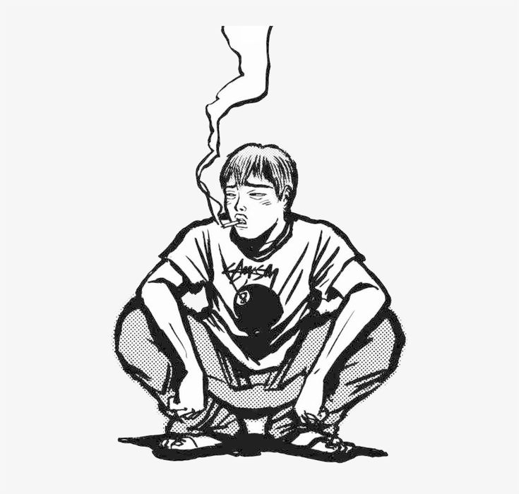 Onizuka squatting and smoking in black and white