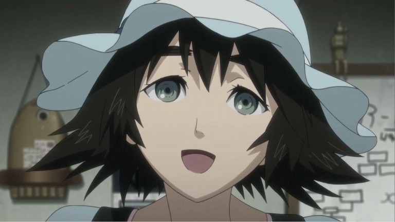 Shiina Mayuri, a kind and naive character from the Steins;Gate anime, wearing a hat.