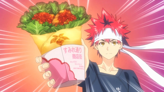 Soma Yukihira presents a culinary creation in an episode of the anime series Food Wars! Shokugeki no Soma.