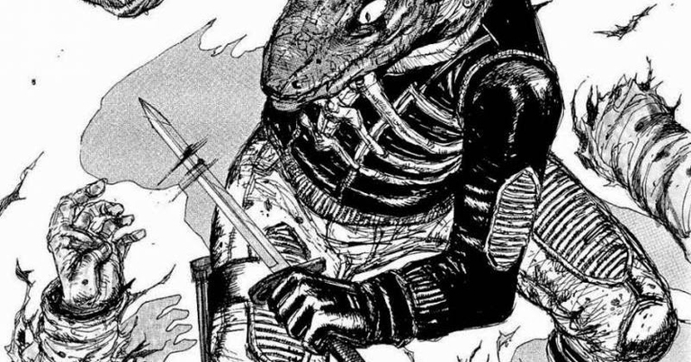 Kaiman, the lizard-headed protagonist from Dorohedoro, wields a knife in this detailed manga panel.